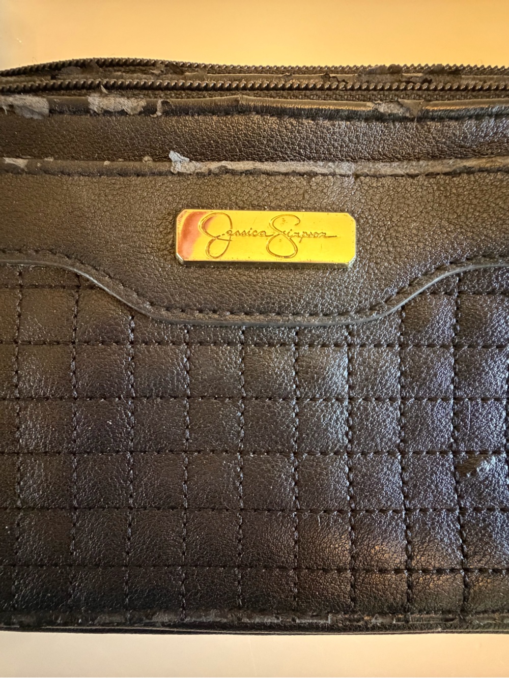 Jessica Simpson Black Quilted Zip Wallet with Gold Logo Plaque